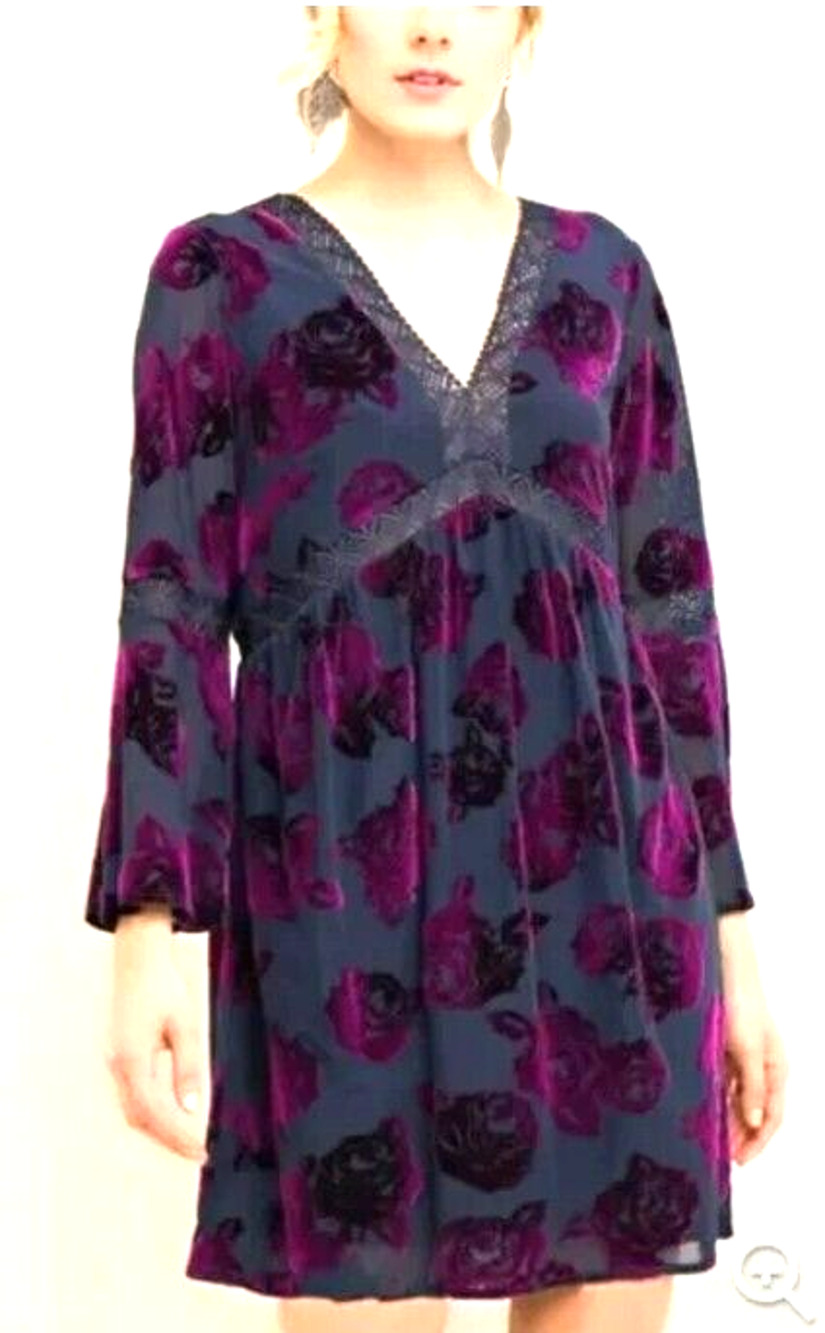 Velvet Burnout Y2K Dress Sz S Purple Dark Floral Gothic Empire Waist Babydoll